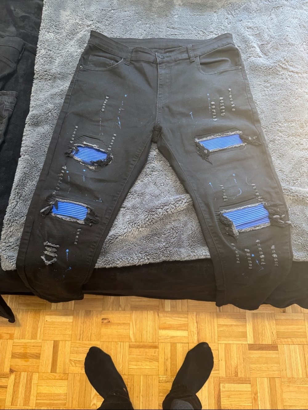 Black Distressed Jeans with Blue Underlay